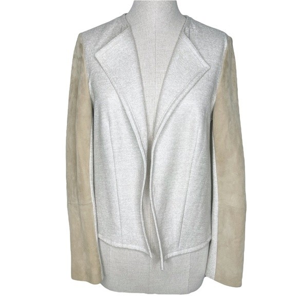 Judith & Charles Open Front Blazer Sz 8 * Wool Linen Blend Jacket Suede Sleeves